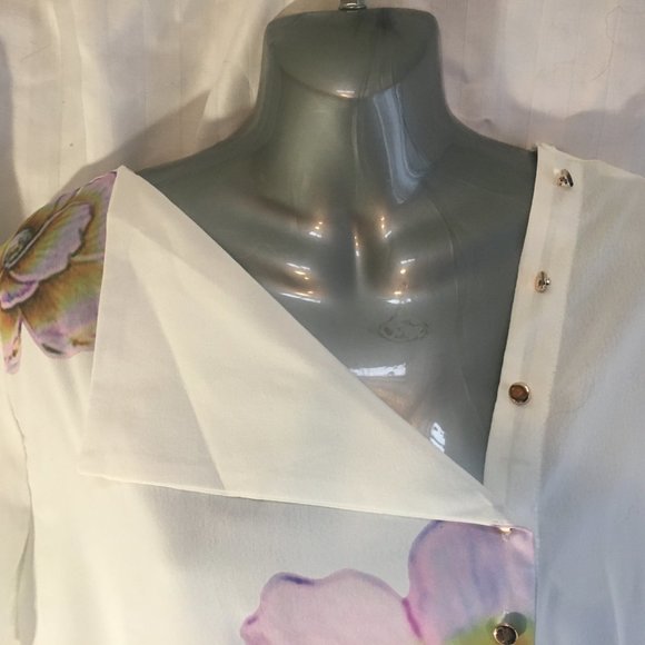 MissLook Womens Button Floral Print Light Blouse Top Sz Med White Floral Flower - Picture 7 of 13
